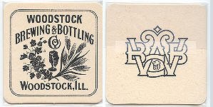 beer coaster from Woodstock Brewing and Bottling Co. ( IL-WOOD-1 )