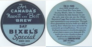 beer coaster from Bixel Brewing & Malting Co., The (Microbrewery) ( ON-BIXE-4 )