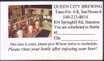 beer business card from Random Row Brewing Co ( VA-QUEN-BIZ-2 )