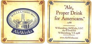 beer coaster from Williamsburg Brewing Co ( VA-WALE-2 )