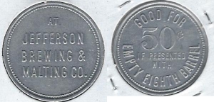 beer token/coin from John Gund Brewing Co. ( WI-JEFF-TOK-1 )